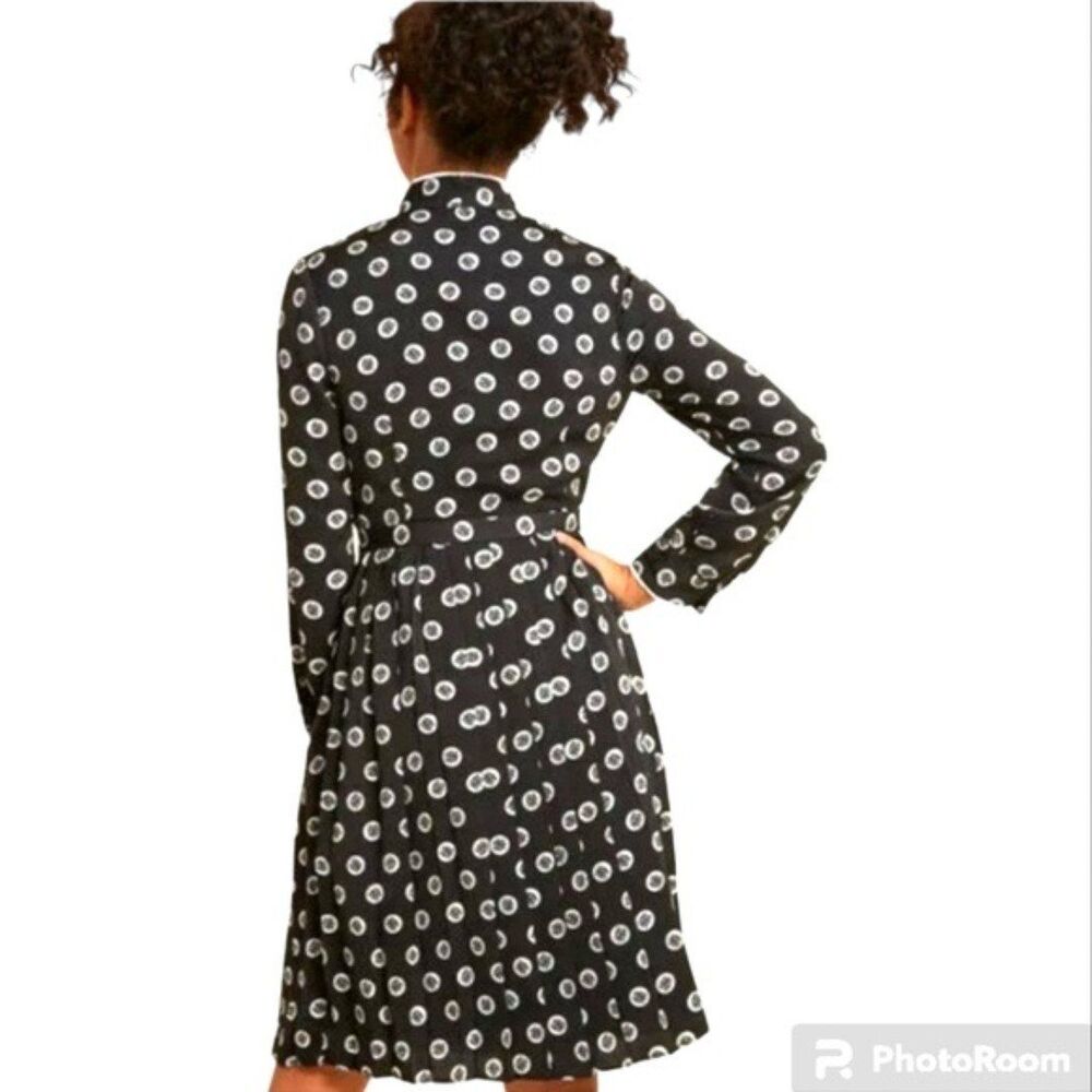 ModCloth Pleated Fit Flare Longsleeve Midi Dress Tie neck Black White Floral - Picture 3 of 12